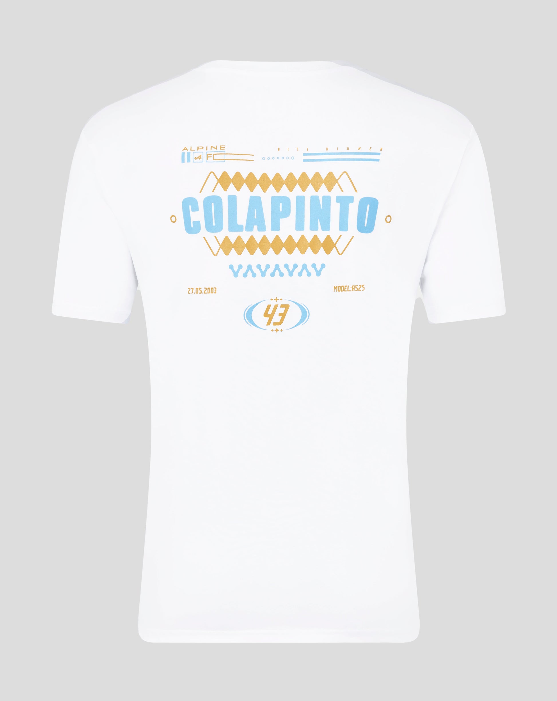 Back view of white T shirt featuring a large blue and gold Colapinto graphic across the upper back