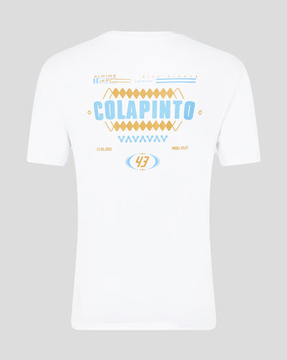 Back view of white T shirt featuring a large blue and gold Colapinto graphic across the upper back
