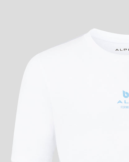 Close up of white Alpine Core Driver T shirt showing round collar and shoulder seam