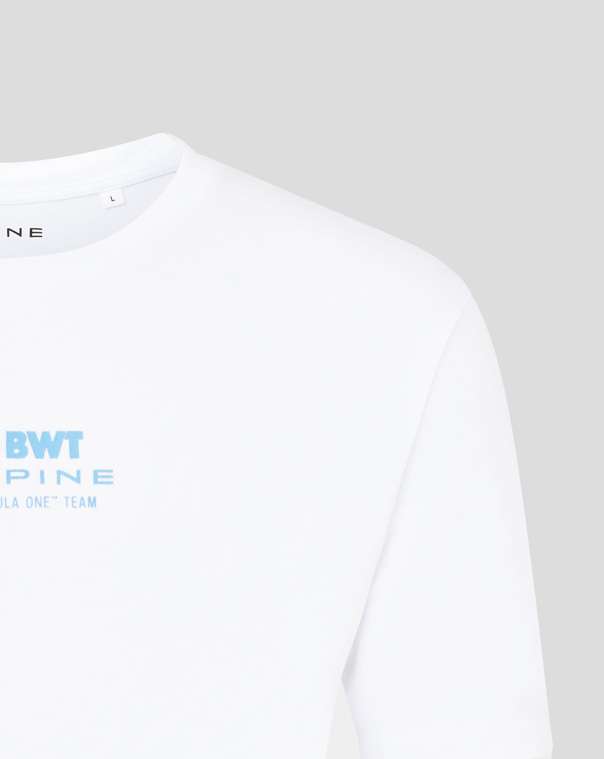 Back view of white T shirt with partial BWT Alpine logo and graphic