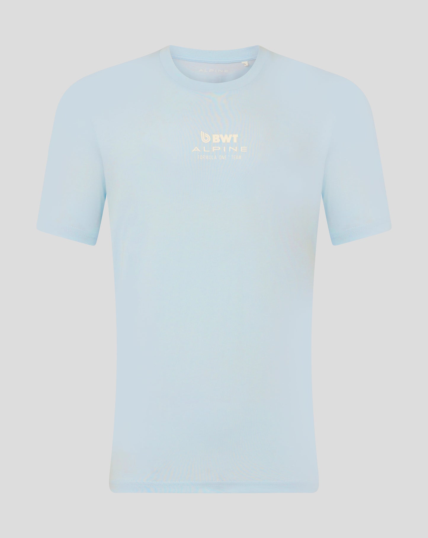 Front view of ice blue Core Driver T-shirt with center chest BWT Alpine logo.