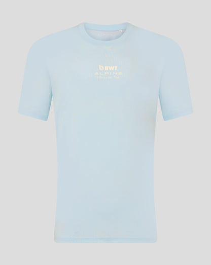 Front view of ice blue Core Driver T-shirt with center chest BWT Alpine logo.