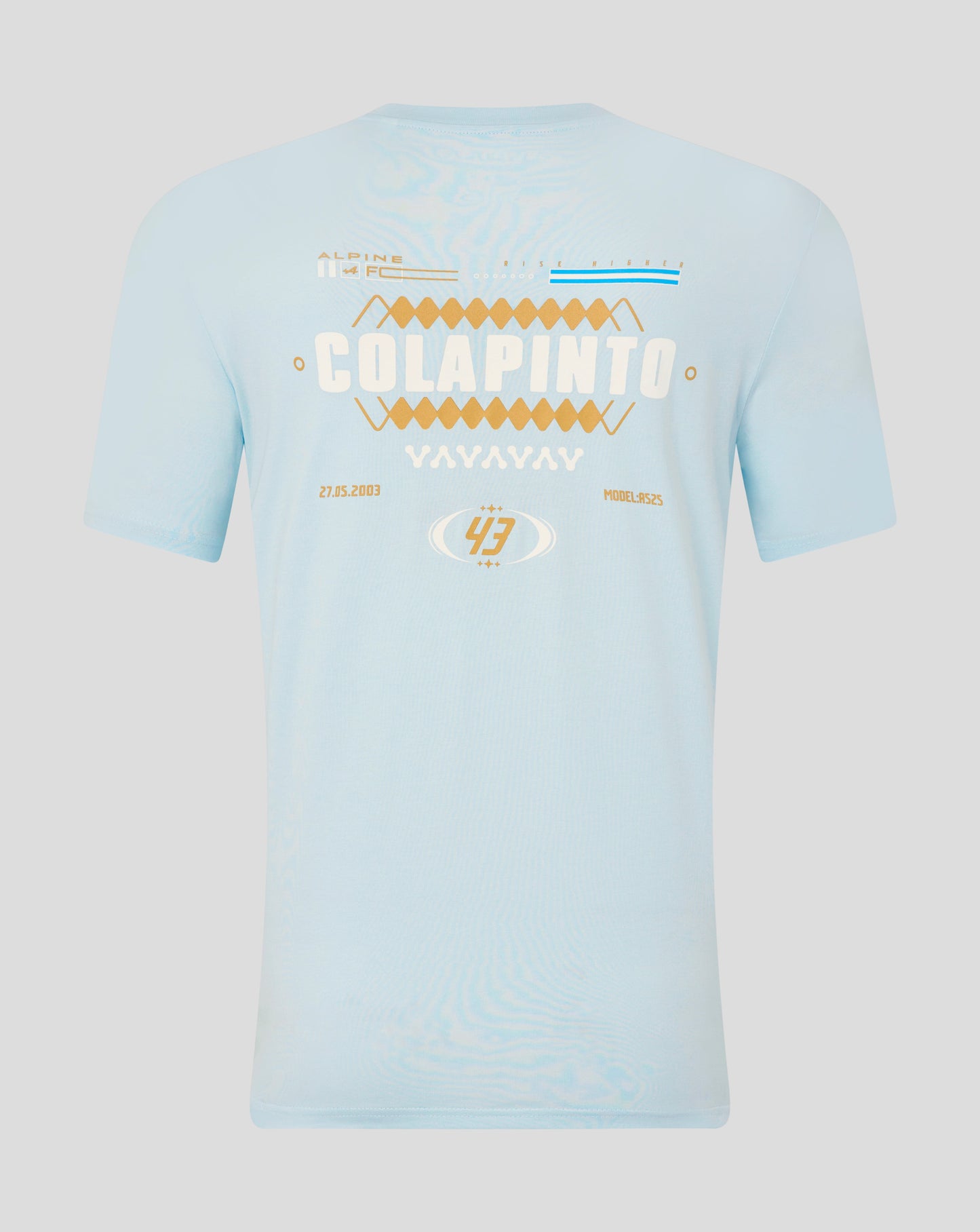 Back view of ice blue T-shirt showing the large COLAPINTO graphic in white and gold across the upper back.