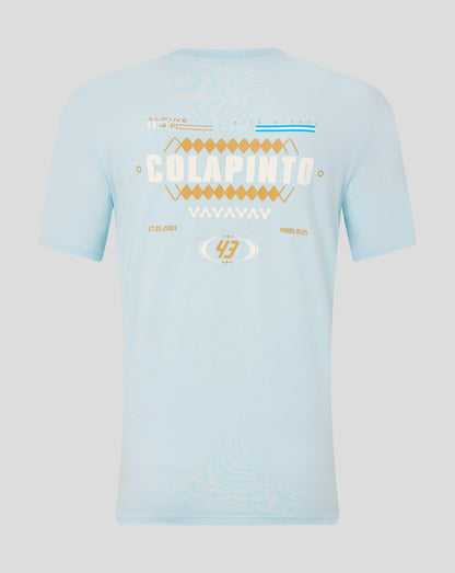 Back view of ice blue T-shirt showing the large COLAPINTO graphic in white and gold across the upper back.