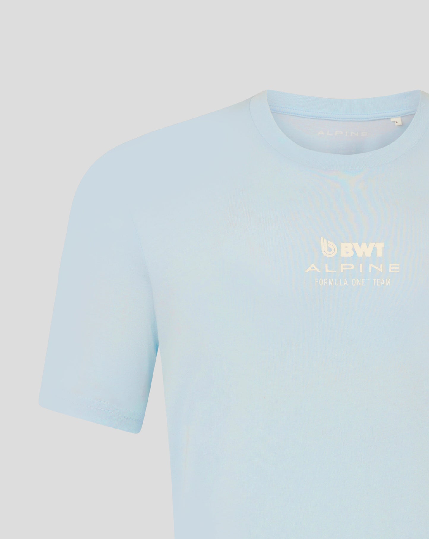 Back close up of ice blue T-shirt highlighting the COLAPINTO design and branding across the back.