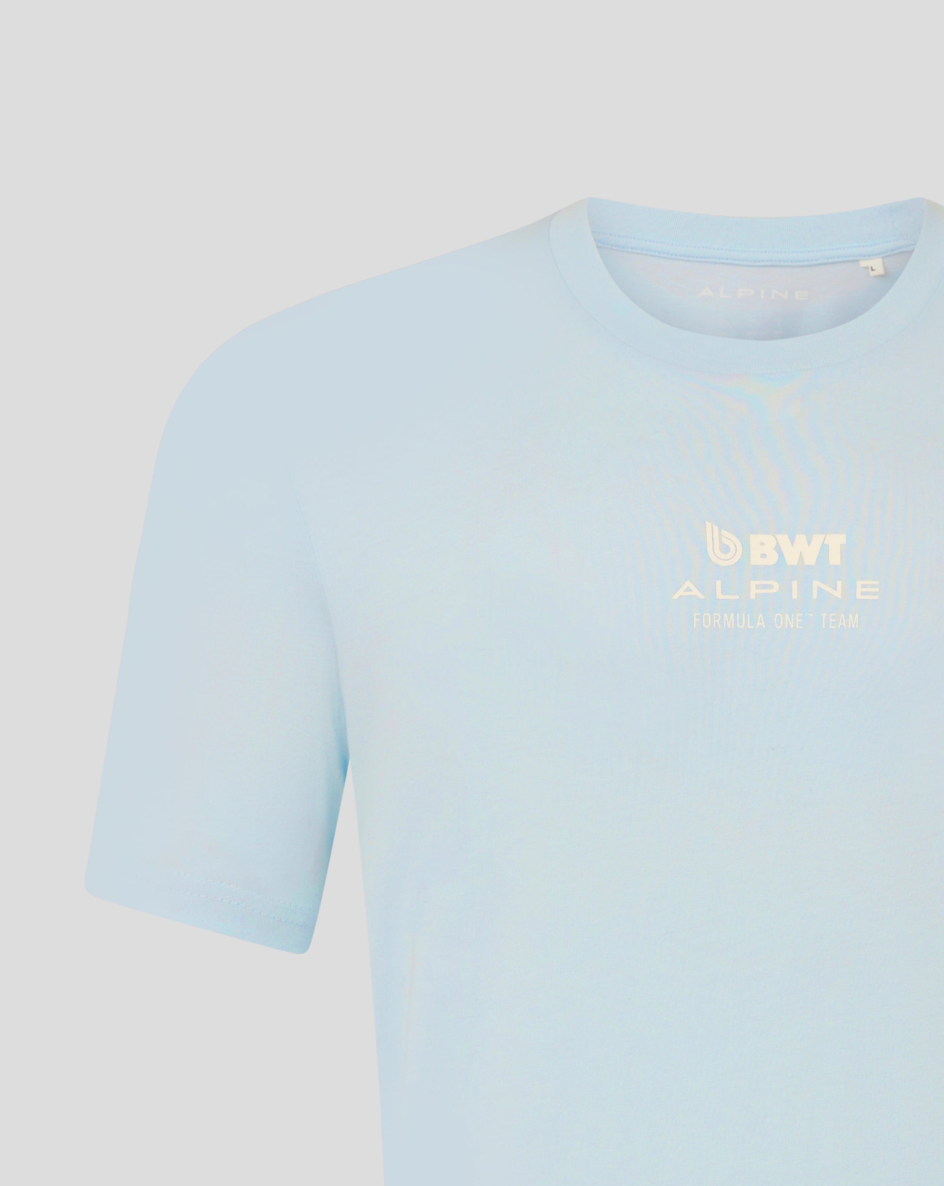Back close up of ice blue T-shirt highlighting the COLAPINTO design and branding across the back.