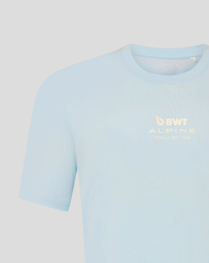 Back close up of ice blue T-shirt highlighting the COLAPINTO design and branding across the back.