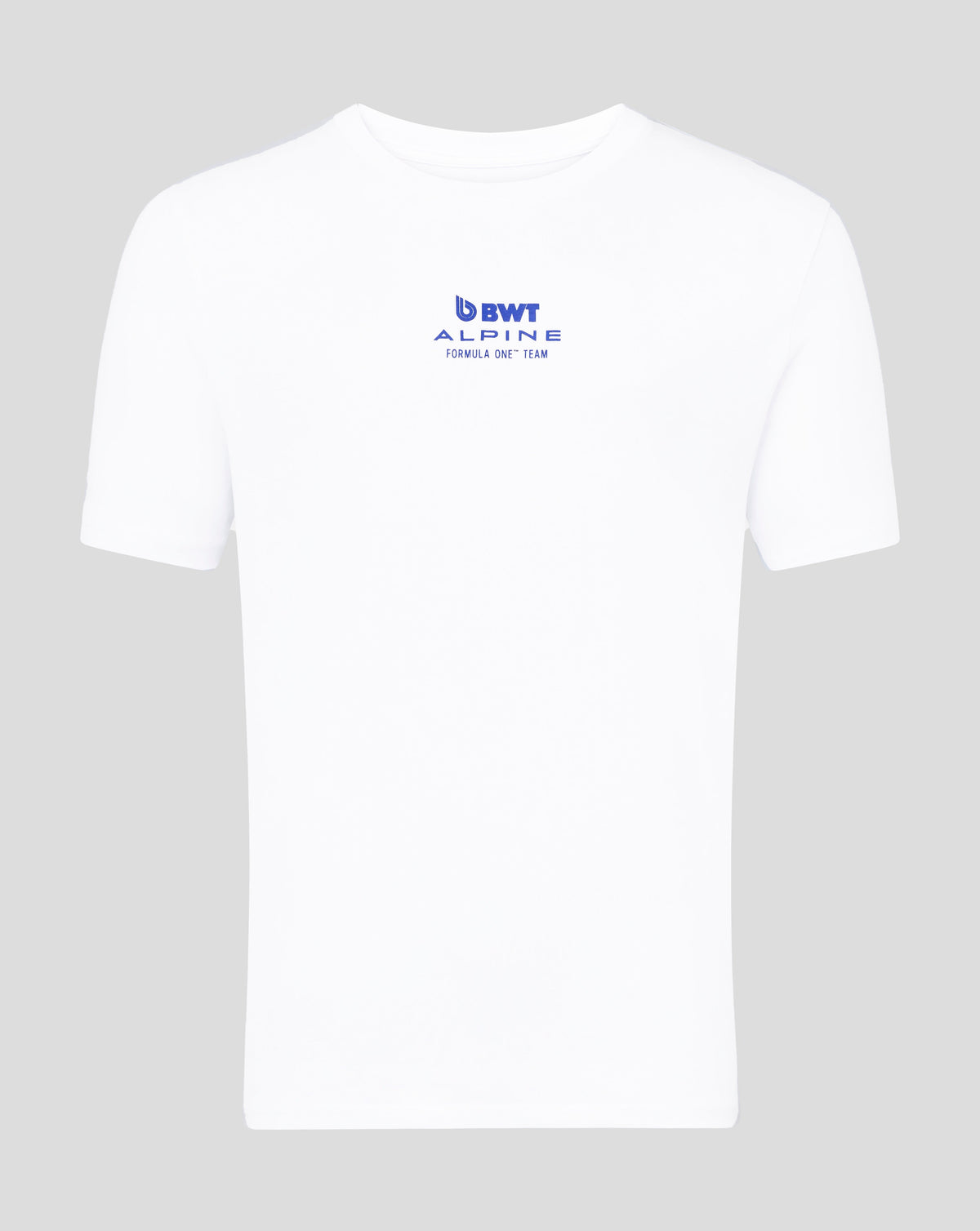 Front view of white Alpine Core Driver T shirt with blue BWT Alpine logo on the chest
