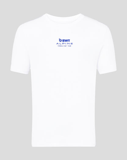 Front view of white Alpine Core Driver T shirt with blue BWT Alpine logo on the chest