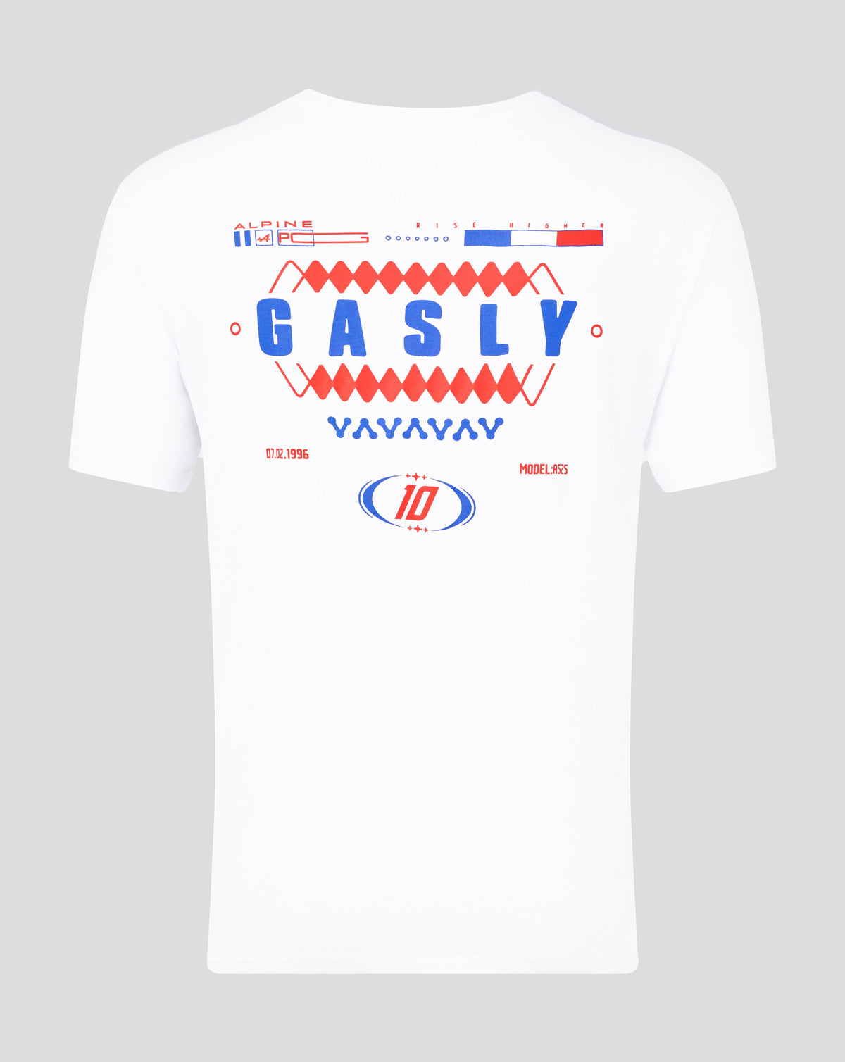 Back view of white Alpine Core Driver T shirt with bold blue GASLY graphic framed by red geometric shapes