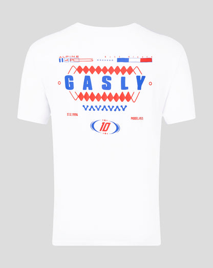 Back view of white Alpine Core Driver T shirt with bold blue GASLY graphic framed by red geometric shapes
