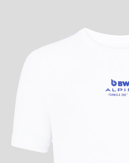 Close-up of a white Core Driver T shirt with a blue BWT Alpine logo near the lower chest.