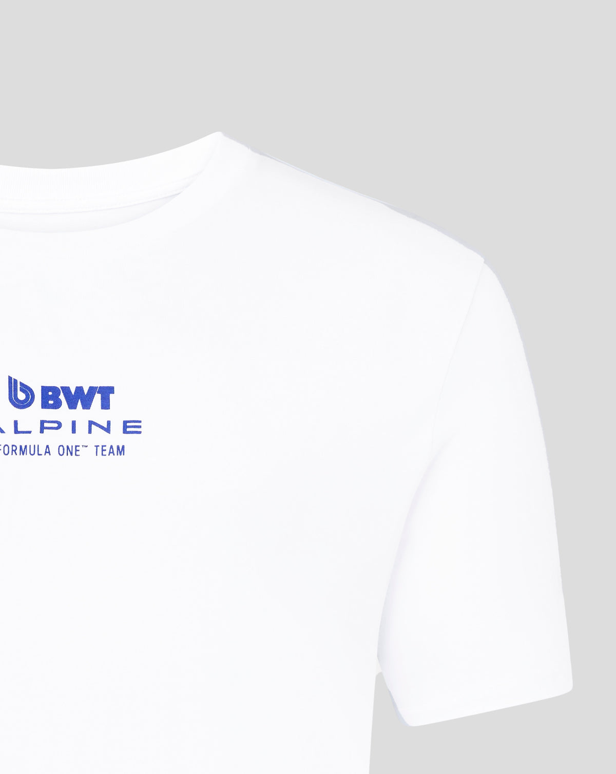 Close-up of the chest area showing the blue BWT Alpine logo on a white T shirt