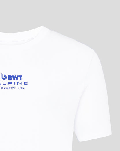 Close-up of the chest area showing the blue BWT Alpine logo on a white T shirt