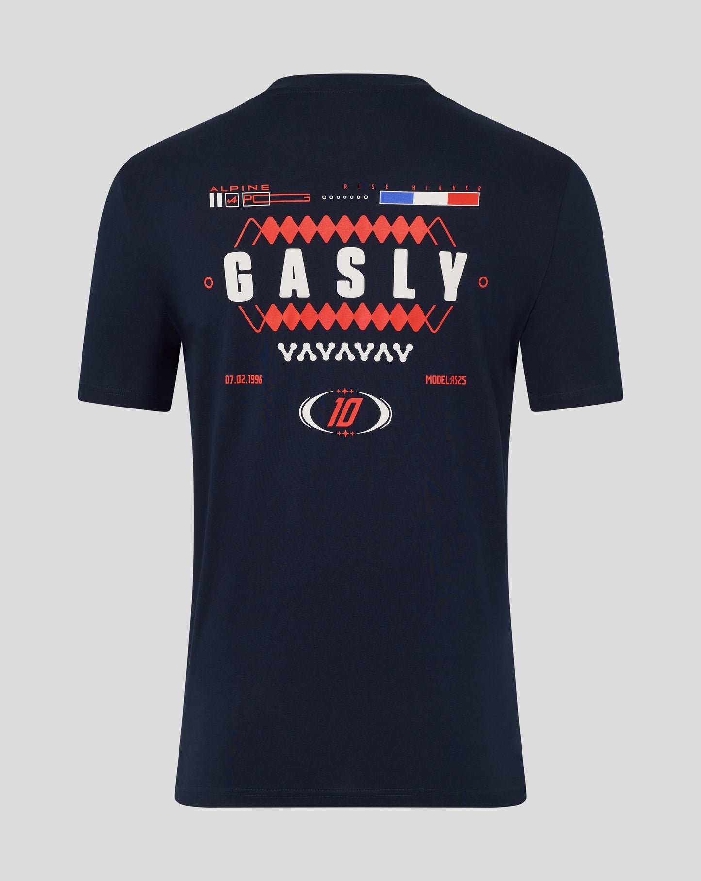Back view of navy Alpine T shirt with bold GASLY lettering and red geometric motif