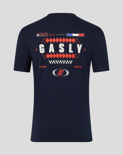Back view of navy Alpine T shirt with bold GASLY lettering and red geometric motif