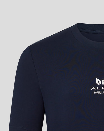 Close up of navy Core Driver T shirt neckline and shoulder with Gasly graphic on chest