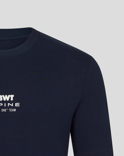 Left chest area of navy T shirt featuring BWT Alpine branding and Gasly graphic