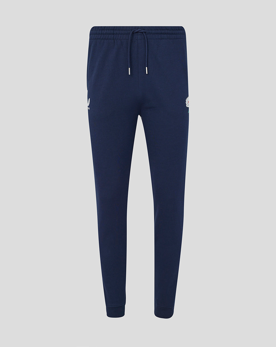 Navy blue jogger pants on a light gray background