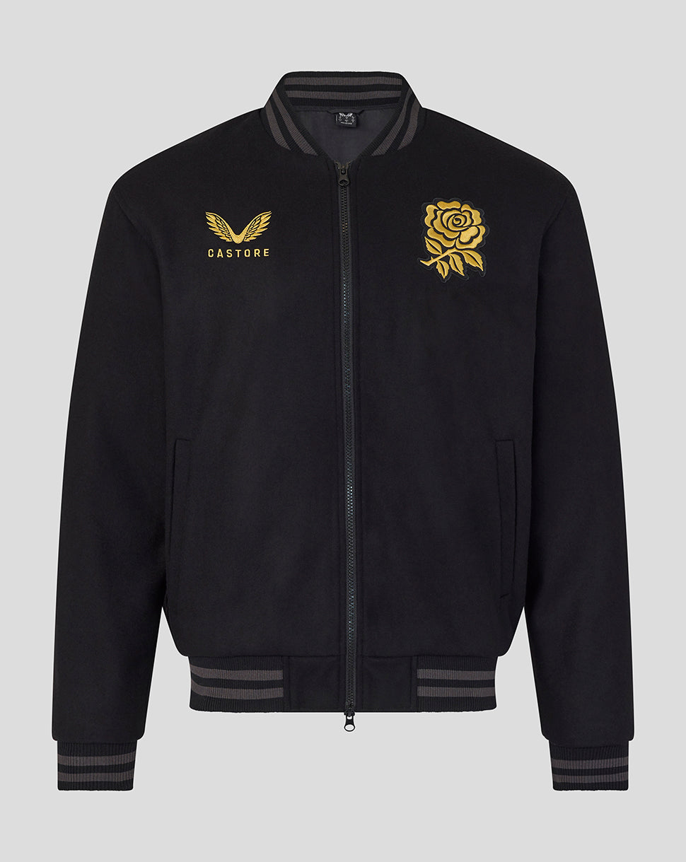 Black England Rugby bomber jacket with gold rose crest on the right chest and Castore Undefeated branding on the left chest