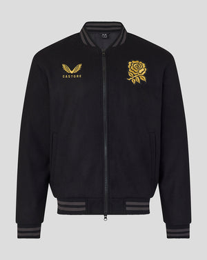 Black England Rugby bomber jacket with gold rose crest on the right chest and Castore Undefeated branding on the left chest