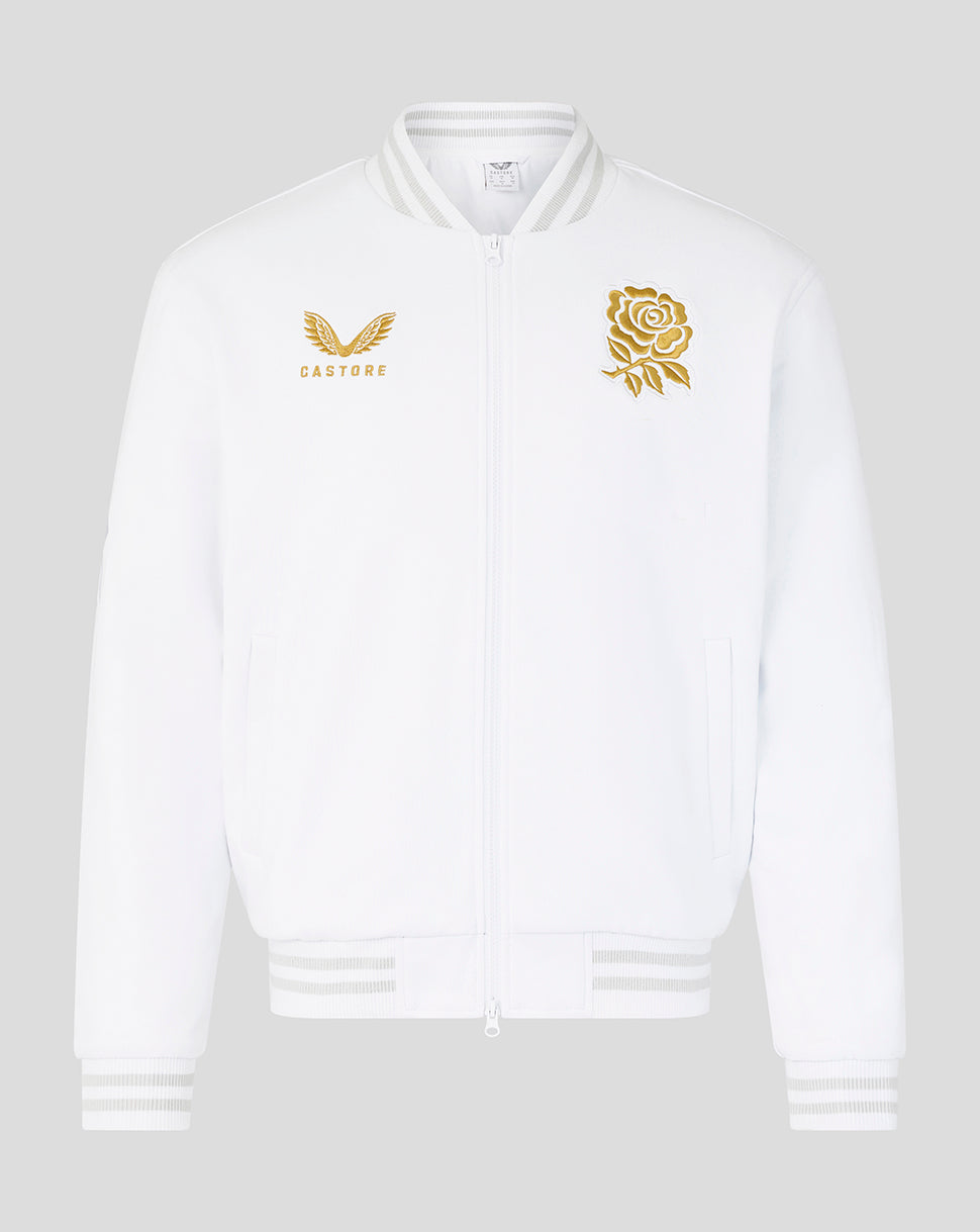 White bomber jacket front with gold wings logo on the left chest and gold rose emblem on the right chest.