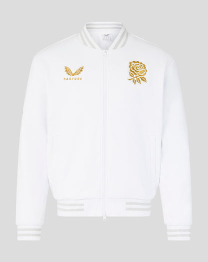 White bomber jacket front with gold wings logo on the left chest and gold rose emblem on the right chest.