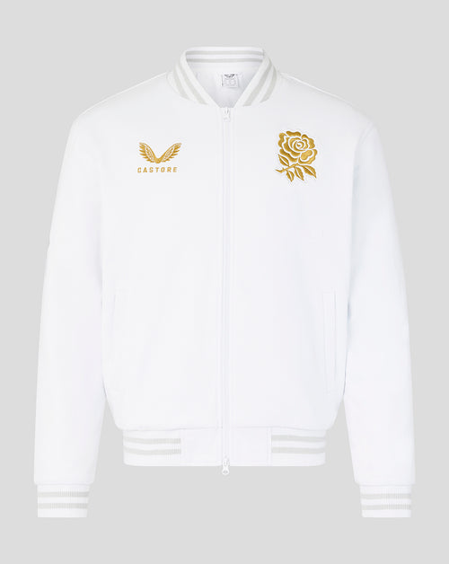 White bomber jacket front with gold wings logo on the left chest and gold rose emblem on the right chest.