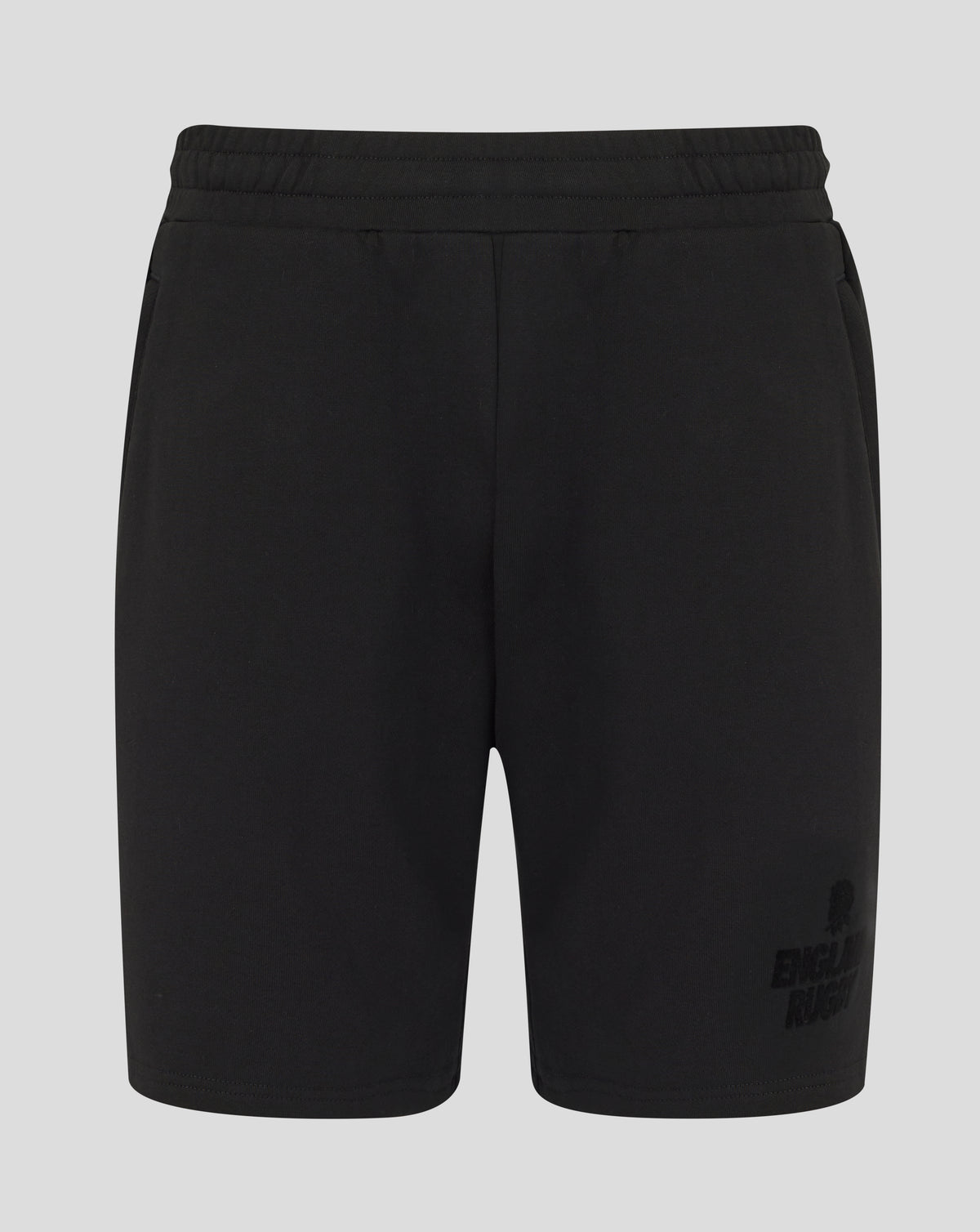 Black shorts with a brand logo on a light gray background