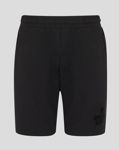 Black shorts with a brand logo on a light gray background