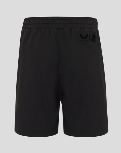 Black shorts with a logo on the back pocket against a light gray background