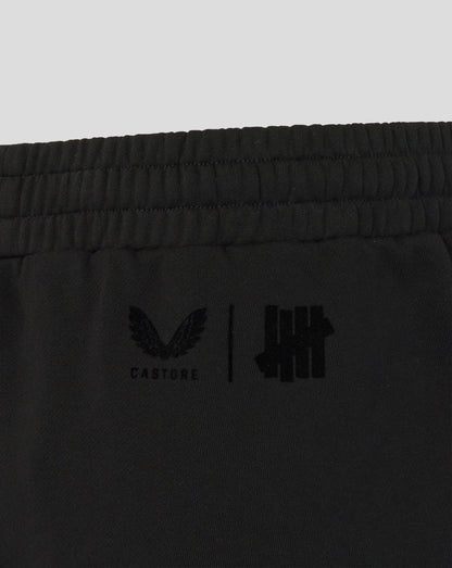 Black shorts with logos on a light gray background