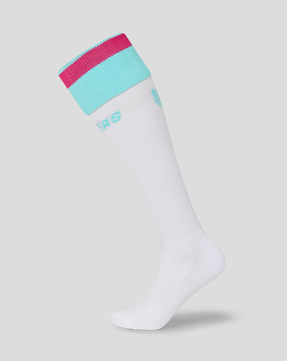 White sock with pink and blue top on a light gray background