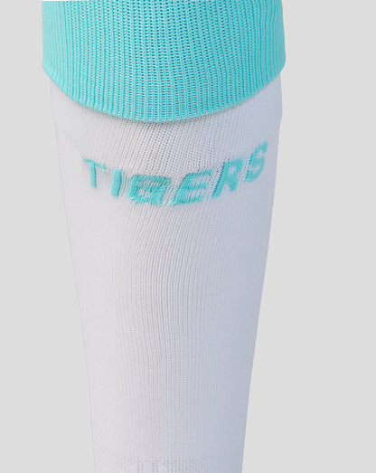 White sock with teal top and 'TIGERS' text on a light gray background