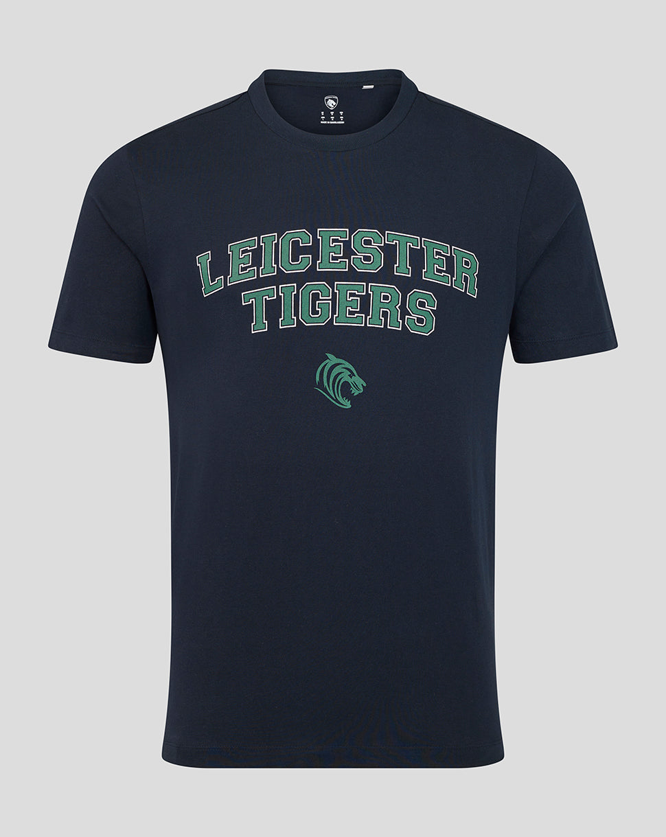 Navy short sleeve T shirt featuring Leicester Tigers arching green lettering and tiger emblem.