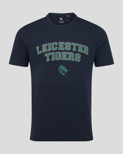 Navy short sleeve T shirt featuring Leicester Tigers arching green lettering and tiger emblem.