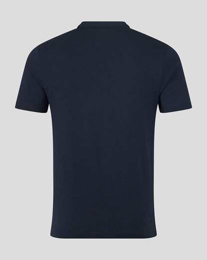 Back view of navy Leicester Tigers varsity short sleeve T shirt