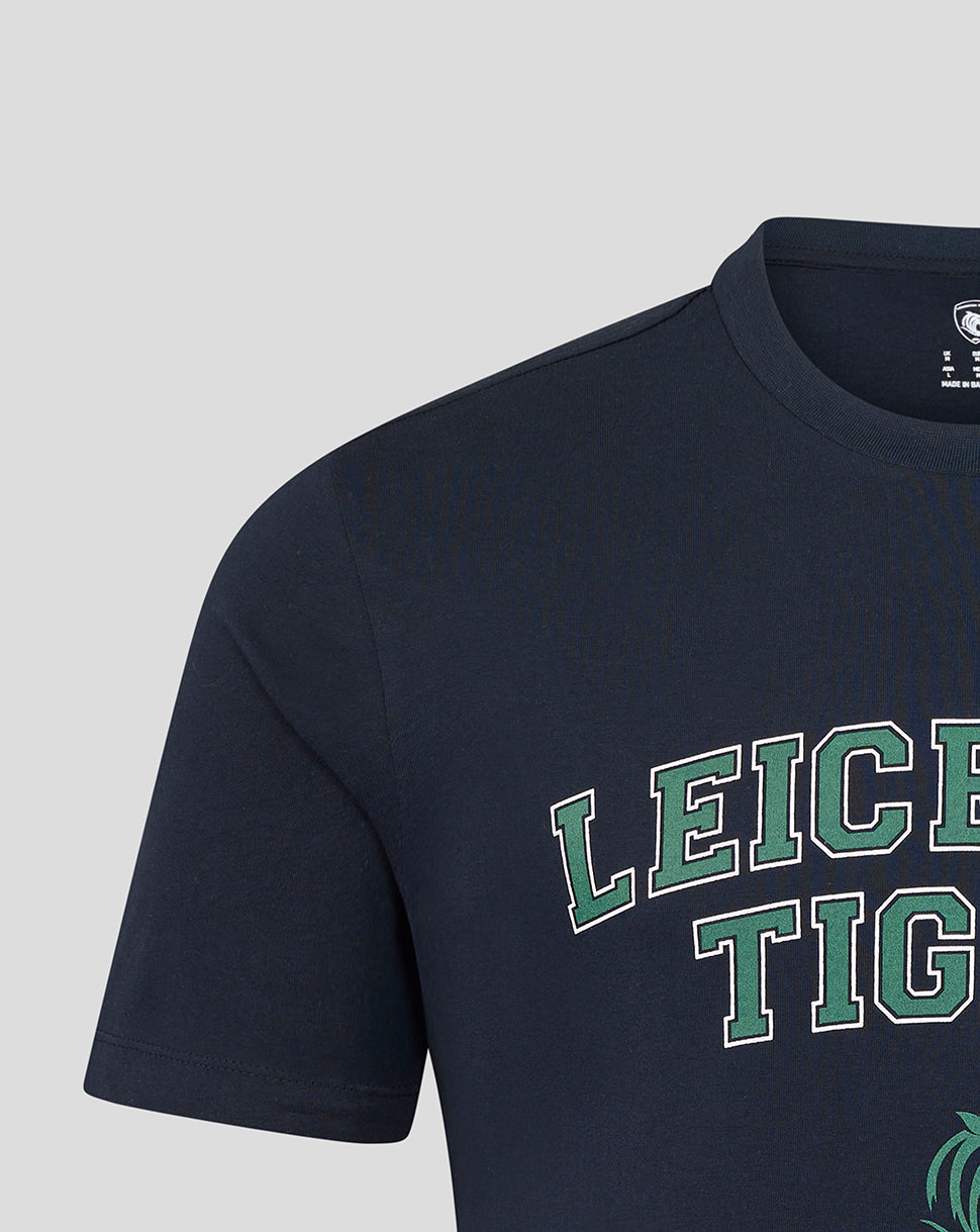 Front view of navy varsity T shirt with large green LEICESTER TIGERS lettering across the chest