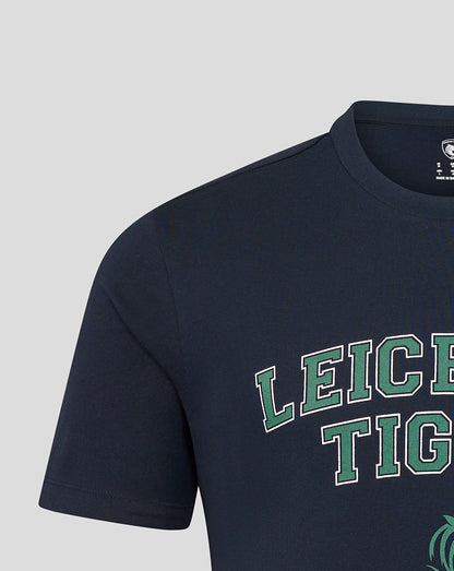 Front view of navy varsity T shirt with large green LEICESTER TIGERS lettering across the chest