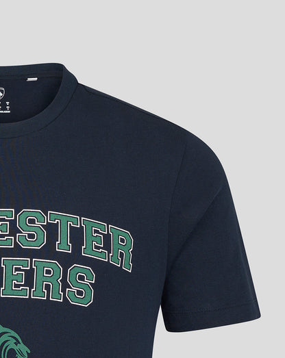Close up of navy T shirt front with LEICESTER TIGERS print and visible shoulder seam