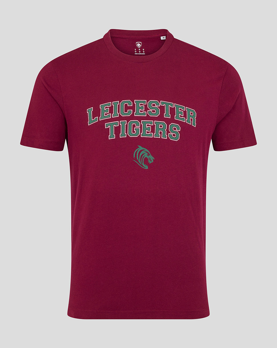 Burgundy Leicester Tigers unisex varsity short sleeve T shirt with green and white lettering and tiger emblem on the front