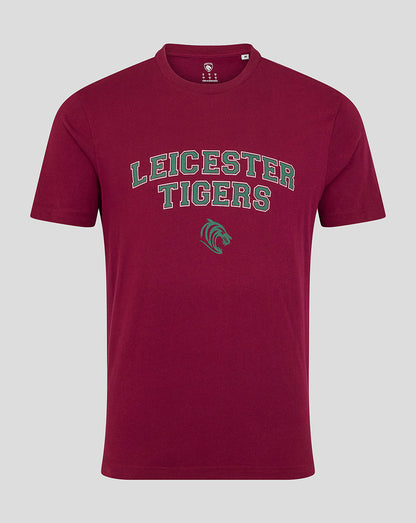 Burgundy Leicester Tigers unisex varsity short sleeve T shirt with green and white lettering and tiger emblem on the front