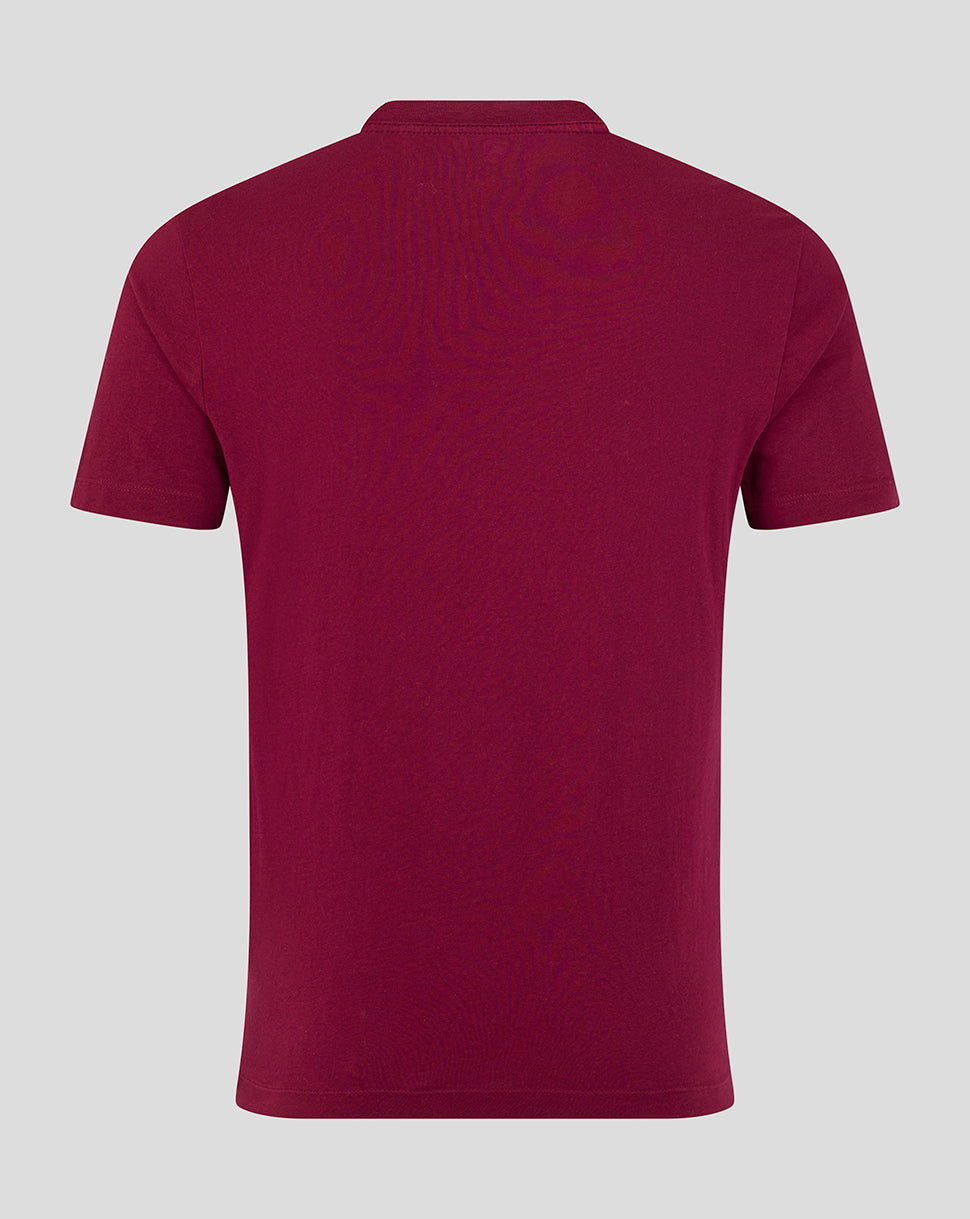Back view of a burgundy Leicester Tigers varsity short sleeve T shirt showing plain fabric and short sleeves