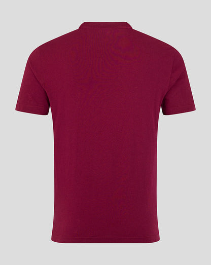 Back view of a burgundy Leicester Tigers varsity short sleeve T shirt showing plain fabric and short sleeves