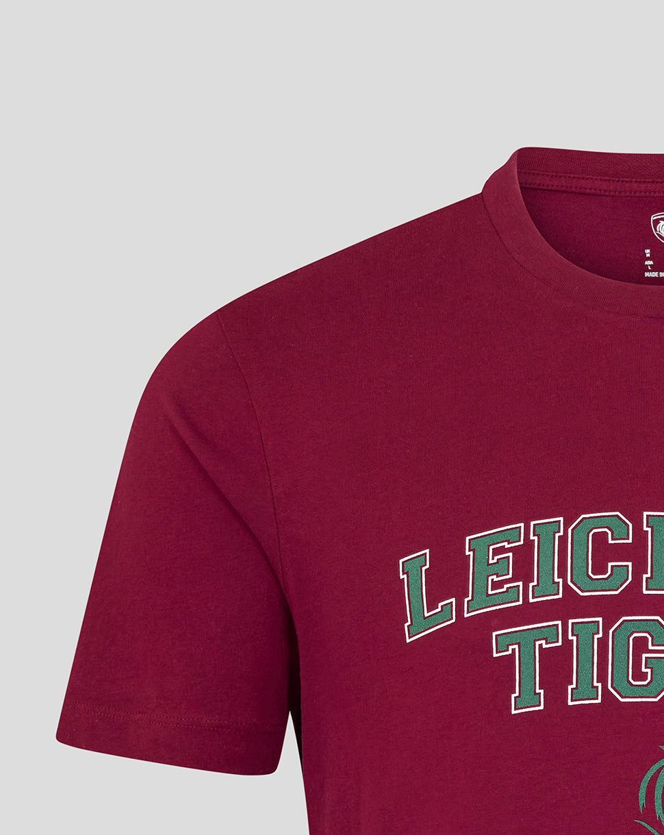 Burgundy Leicester Tigers varsity short sleeve T-shirt with green outlined lettering on chest