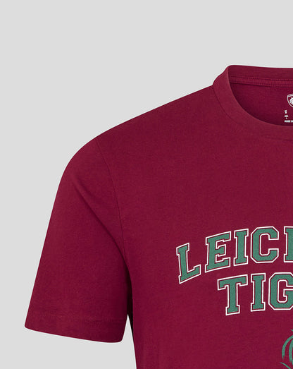 Burgundy Leicester Tigers varsity short sleeve T-shirt with green outlined lettering on chest