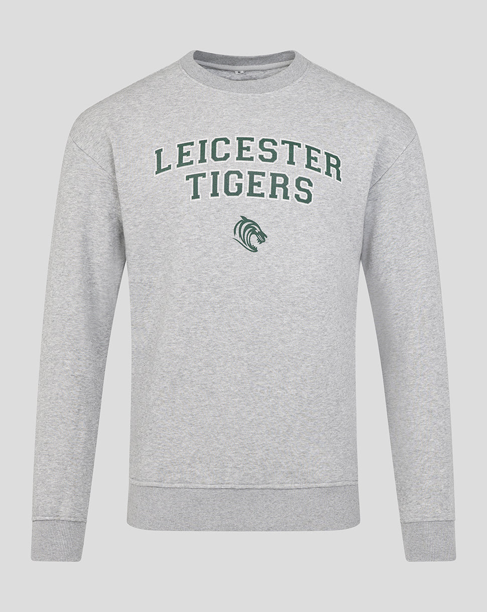 Light grey Leicester Tigers varsity crew sweatshirt with green arched typography and tiger emblem on the front
