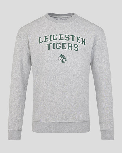 Light grey Leicester Tigers varsity crew sweatshirt with green arched typography and tiger emblem on the front