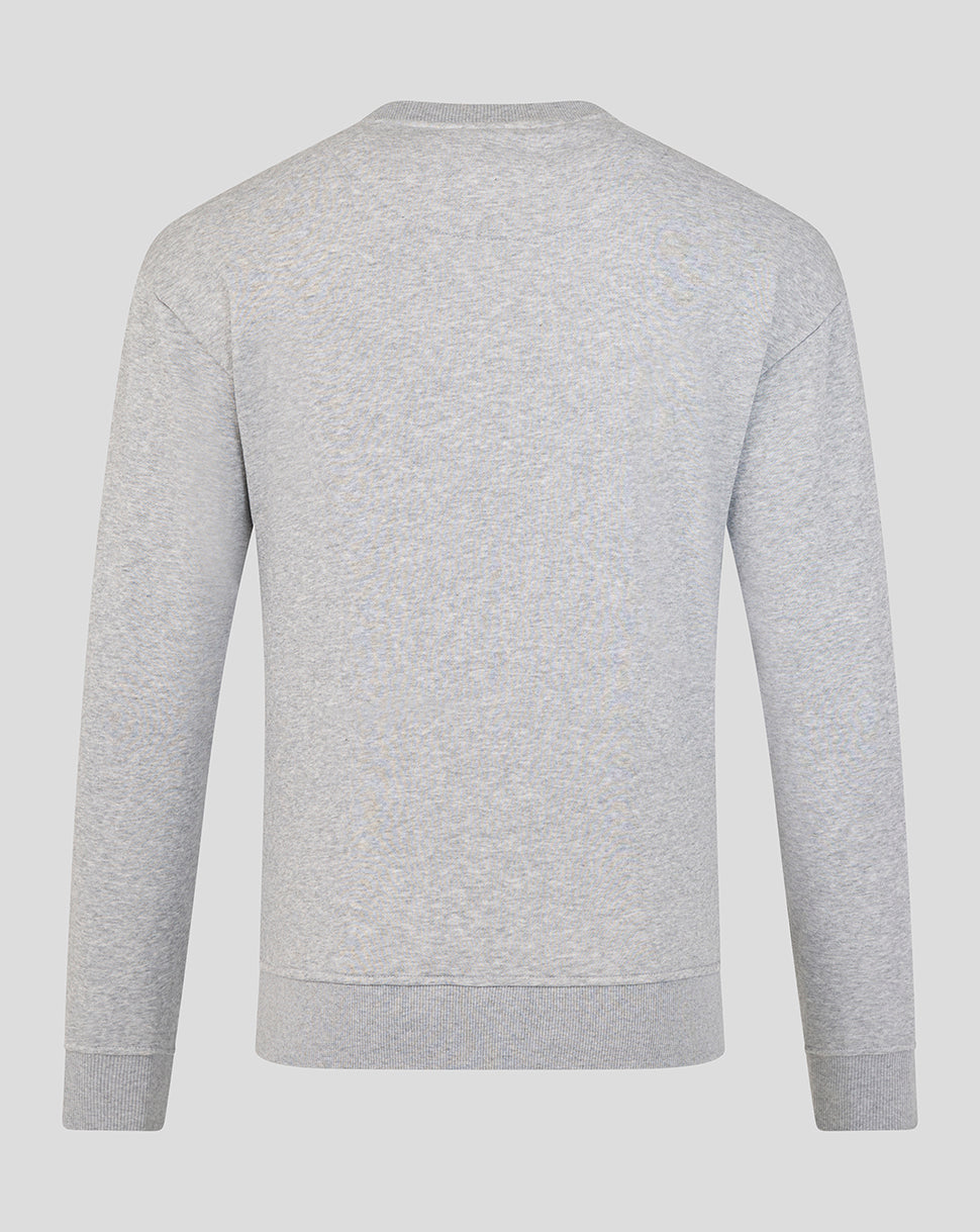 Back view of light grey Leicester Tigers varsity crew sweatshirt showing plain back and ribbed hem