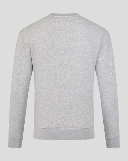 Back view of light grey Leicester Tigers varsity crew sweatshirt showing plain back and ribbed hem